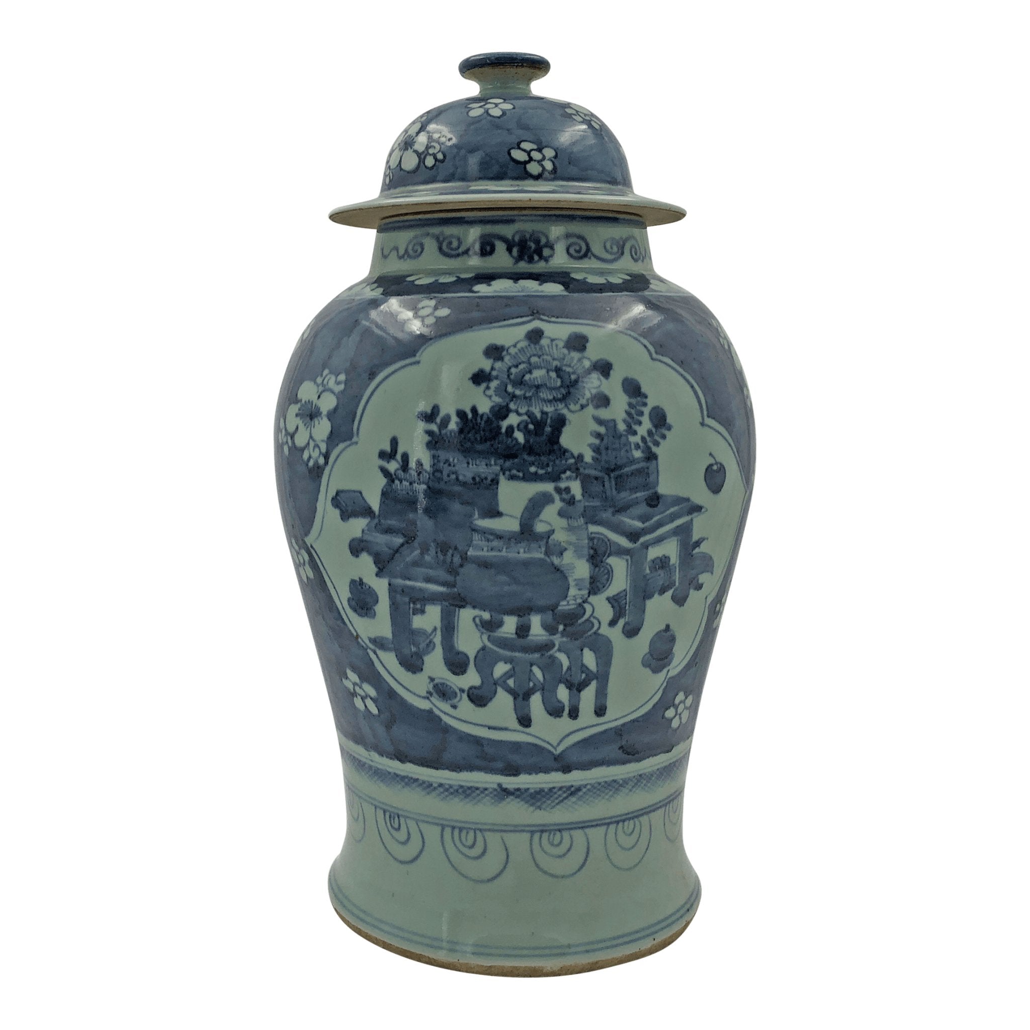 Single Chinese porcelain temple jar, intricate still life.