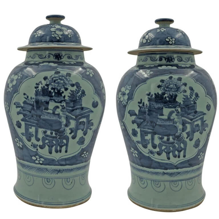 Pair of large Chinese porcelain temple jars, front view.