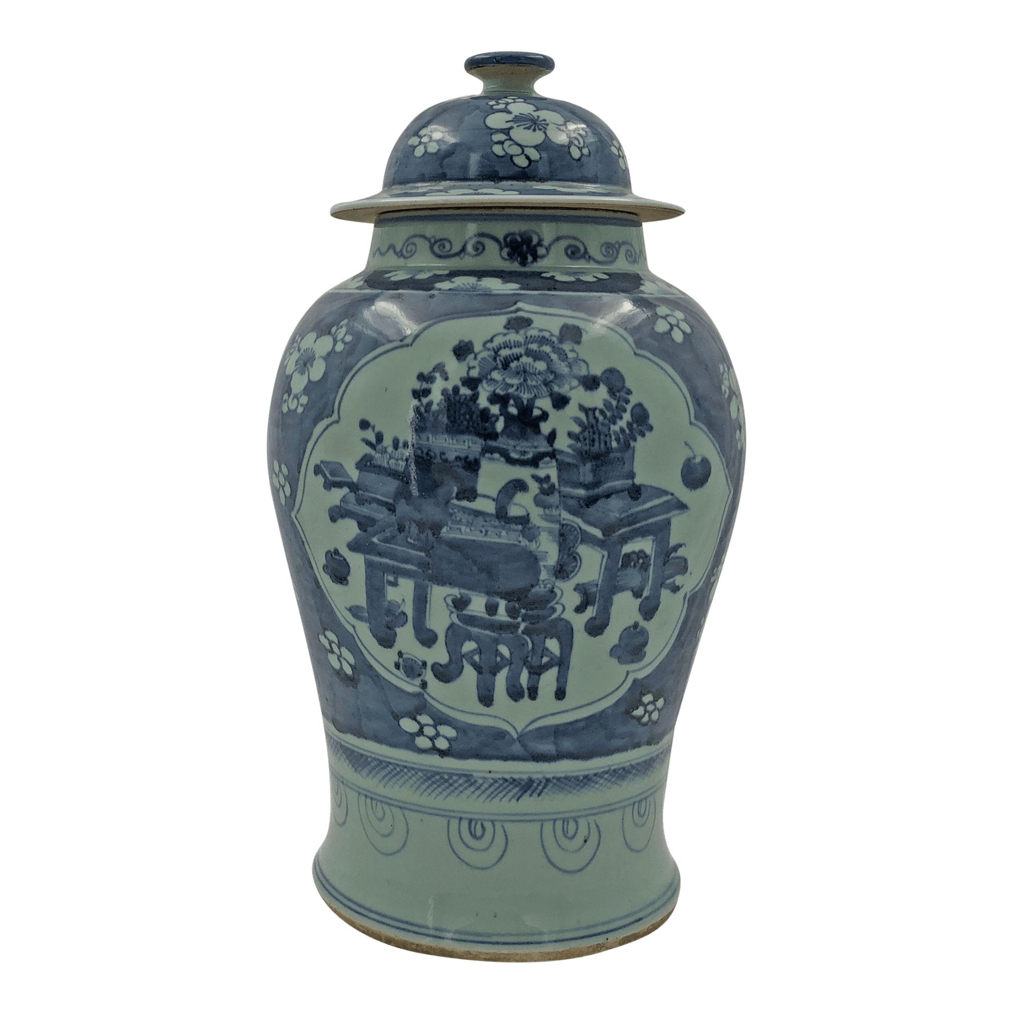 Single Chinese porcelain temple jar, detailed design front.