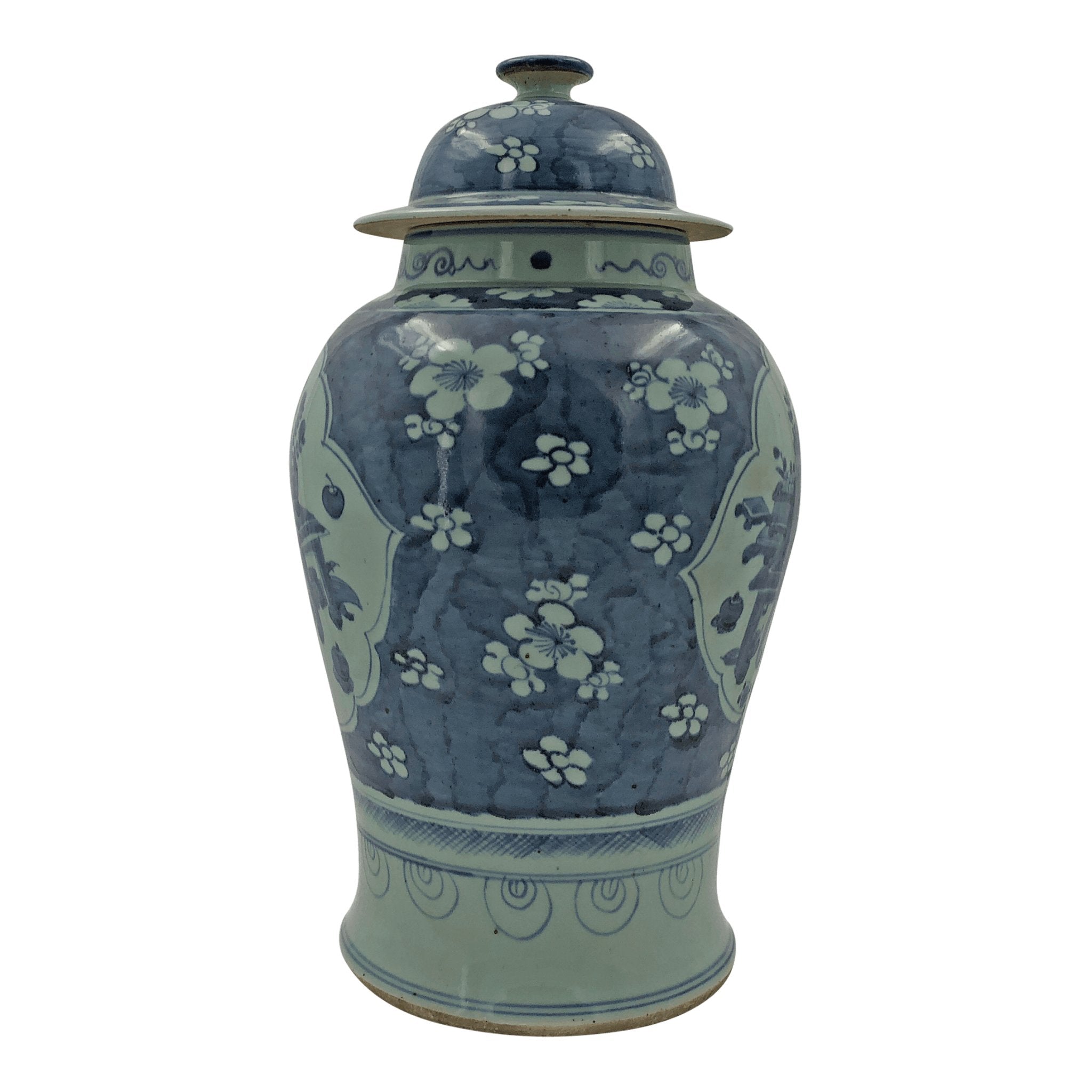 Single Chinese porcelain temple jar, floral design back.