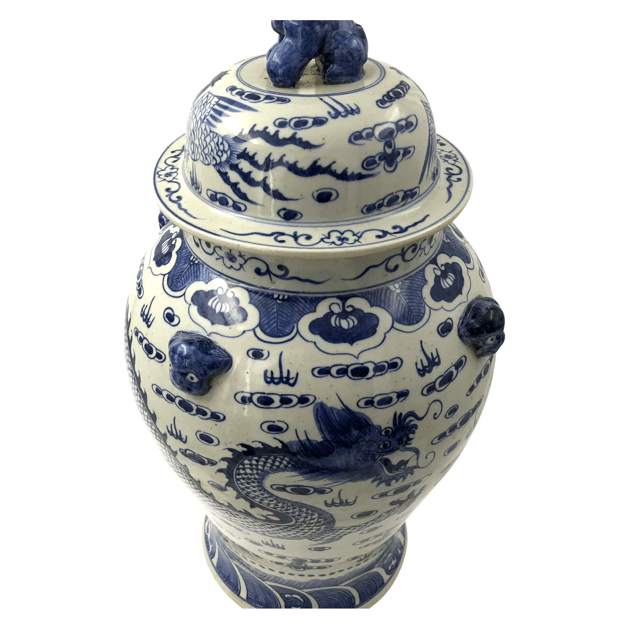 Top view of ginger jar with dragon and lid details.