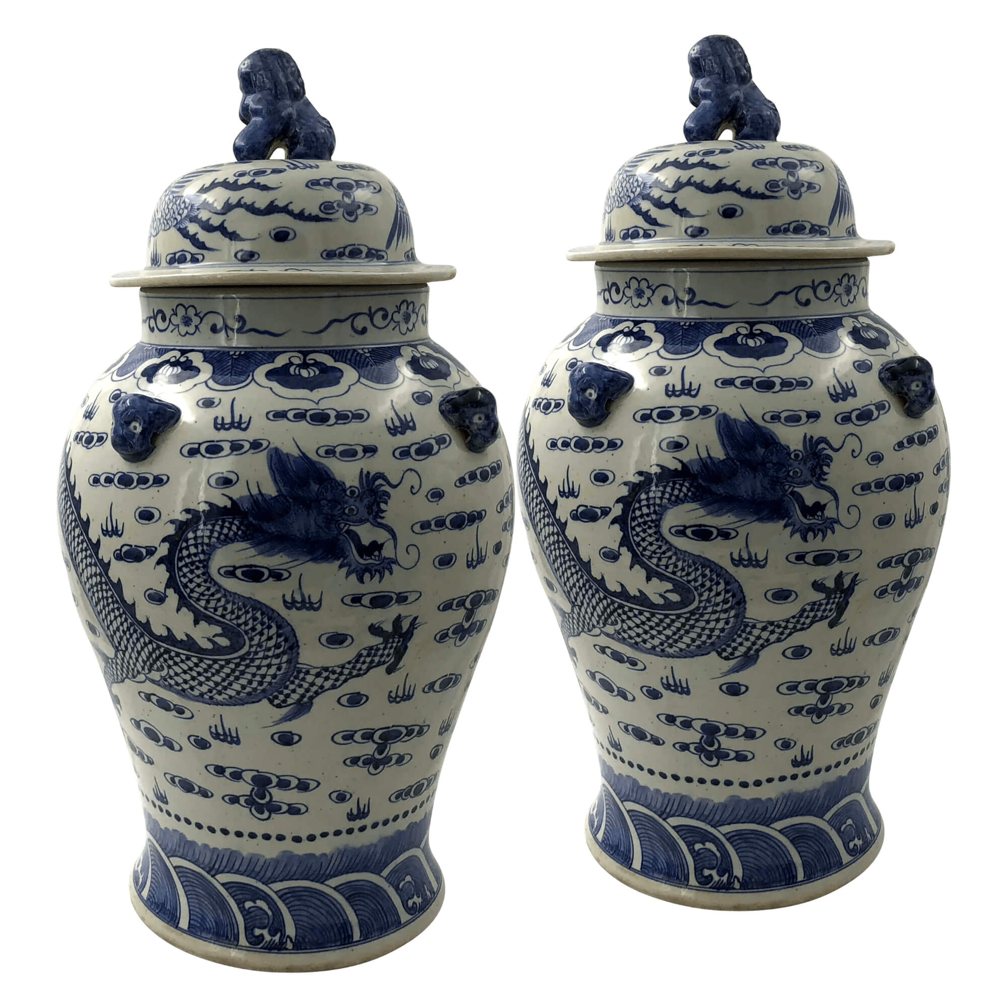 Pair of large dragon ginger jars, lids on.