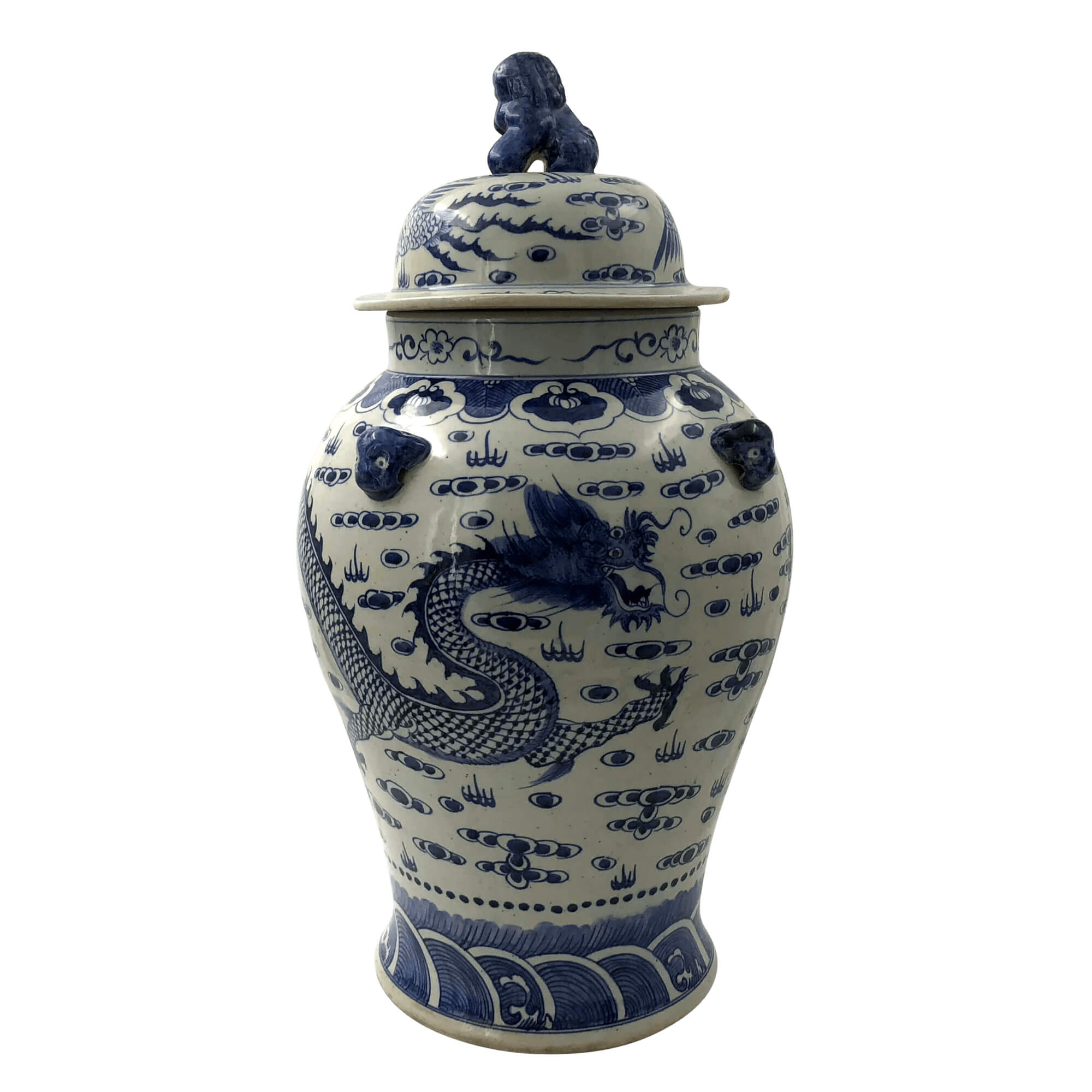 Single dragon ginger jar with lid, side view.