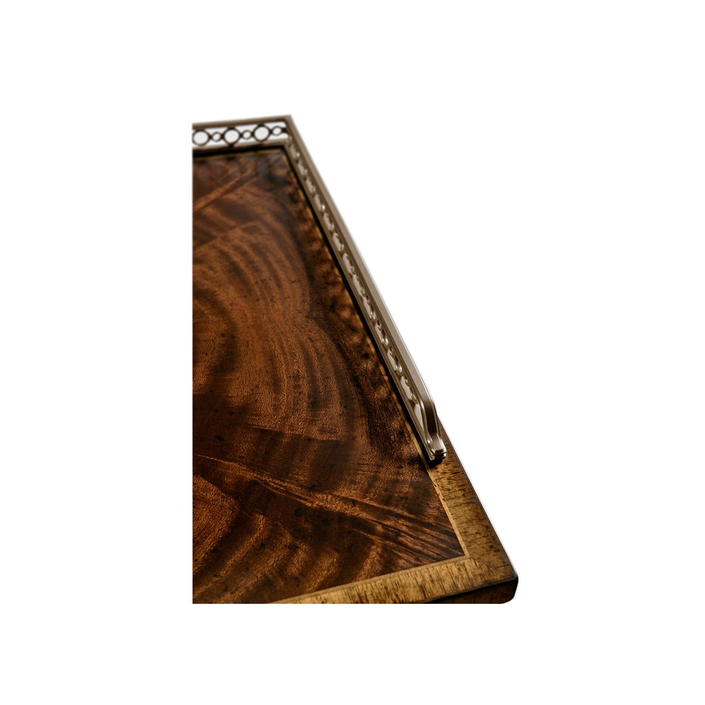 Mahogany bedside cabinet top with metal rail detail.