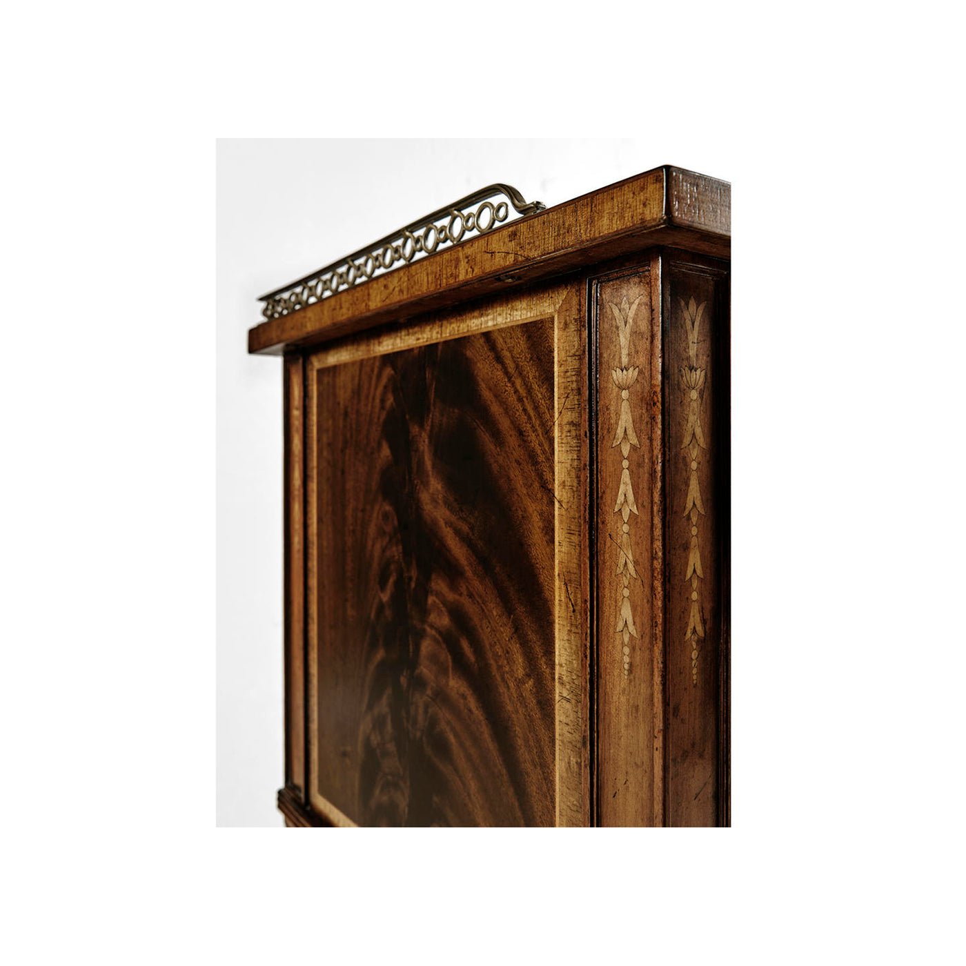 Side view of mahogany bedside cabinet wood grain.