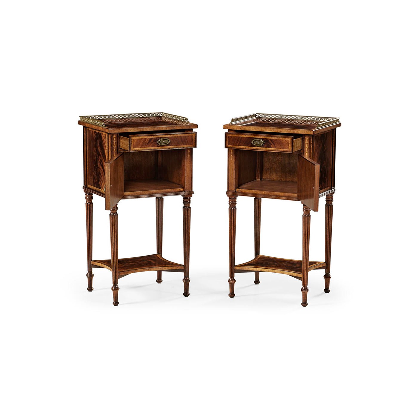 Pair of mahogany bedside cabinets, open drawer view.