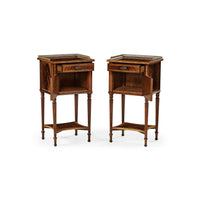 Pair of mahogany bedside cabinets, open drawer view.