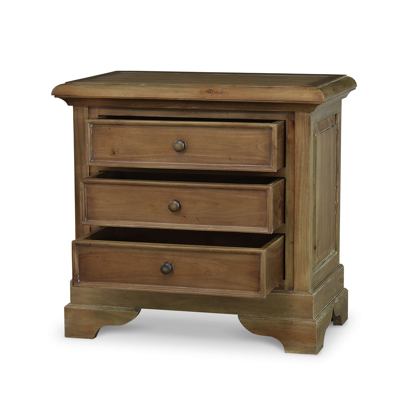 Single mahogany nightstand, two drawers open, angled view.