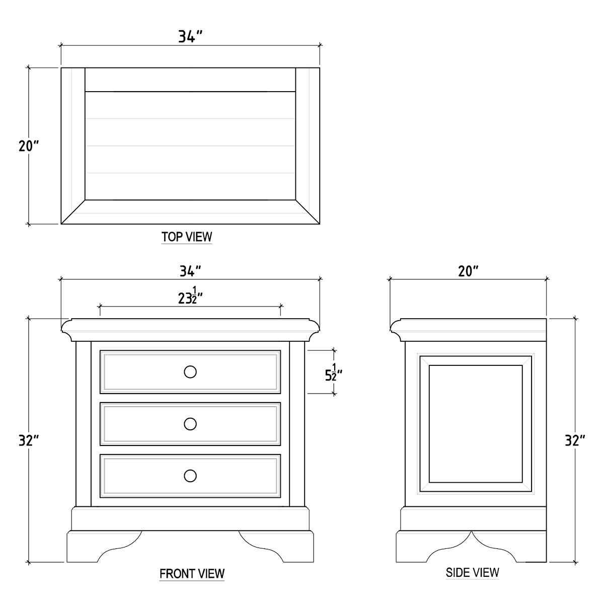 Mahogany nightstand dimensions, detailed diagram, multiple views.
