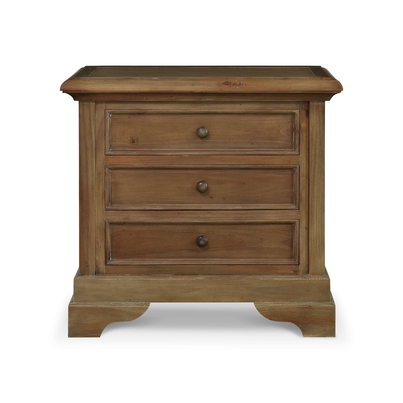 Single mahogany nightstand, three closed drawers, front view.