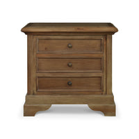 Single mahogany nightstand, three closed drawers, front view.