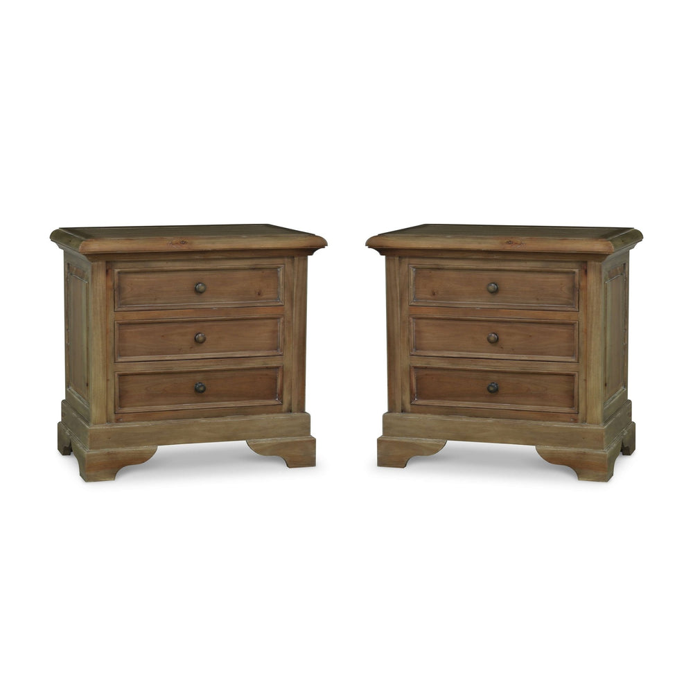 Pair of mahogany nightstands, three drawers, wooden finish.