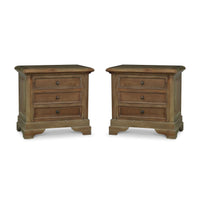 Pair of mahogany nightstands, three drawers, wooden finish.