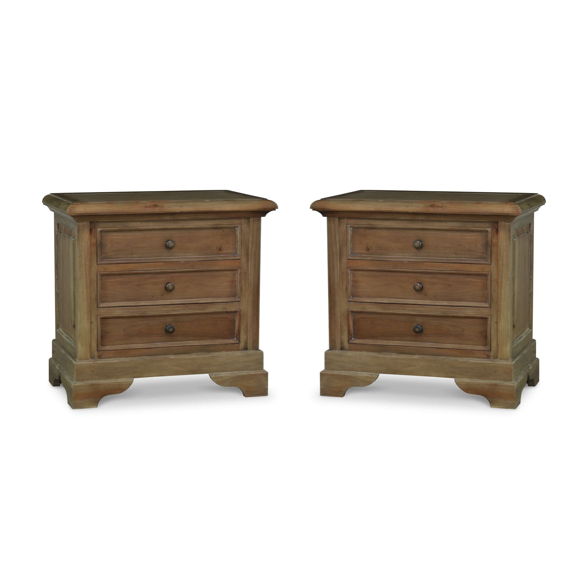 Pair of mahogany nightstands, three drawers, wooden finish.