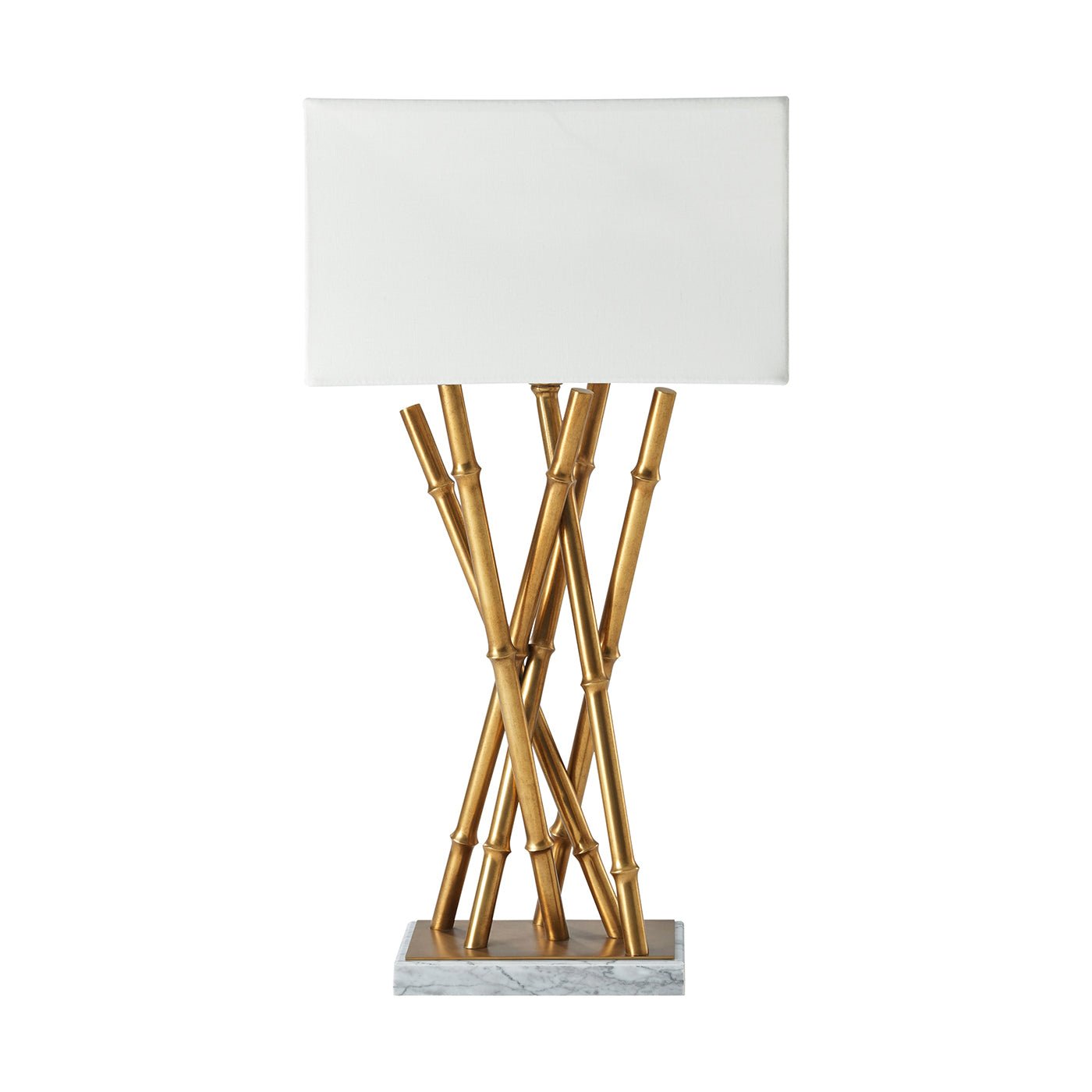 Front view of brass table lamp with rectangular shade.