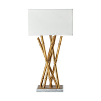 Front view of brass table lamp with rectangular shade.