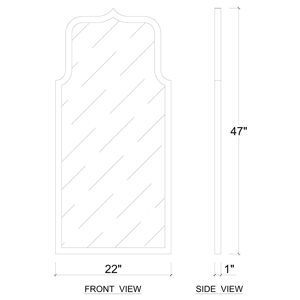 Dimensions diagram of modern mirror with wooden frame.