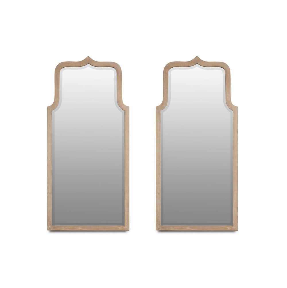 Pair of modern wooden frame mirrors on display.
