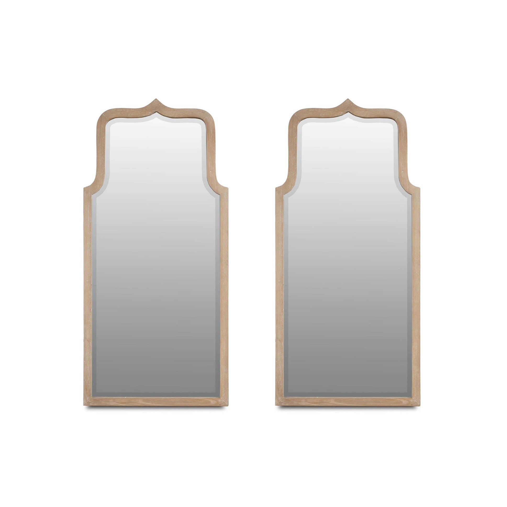 Pair of modern wooden frame mirrors on display.