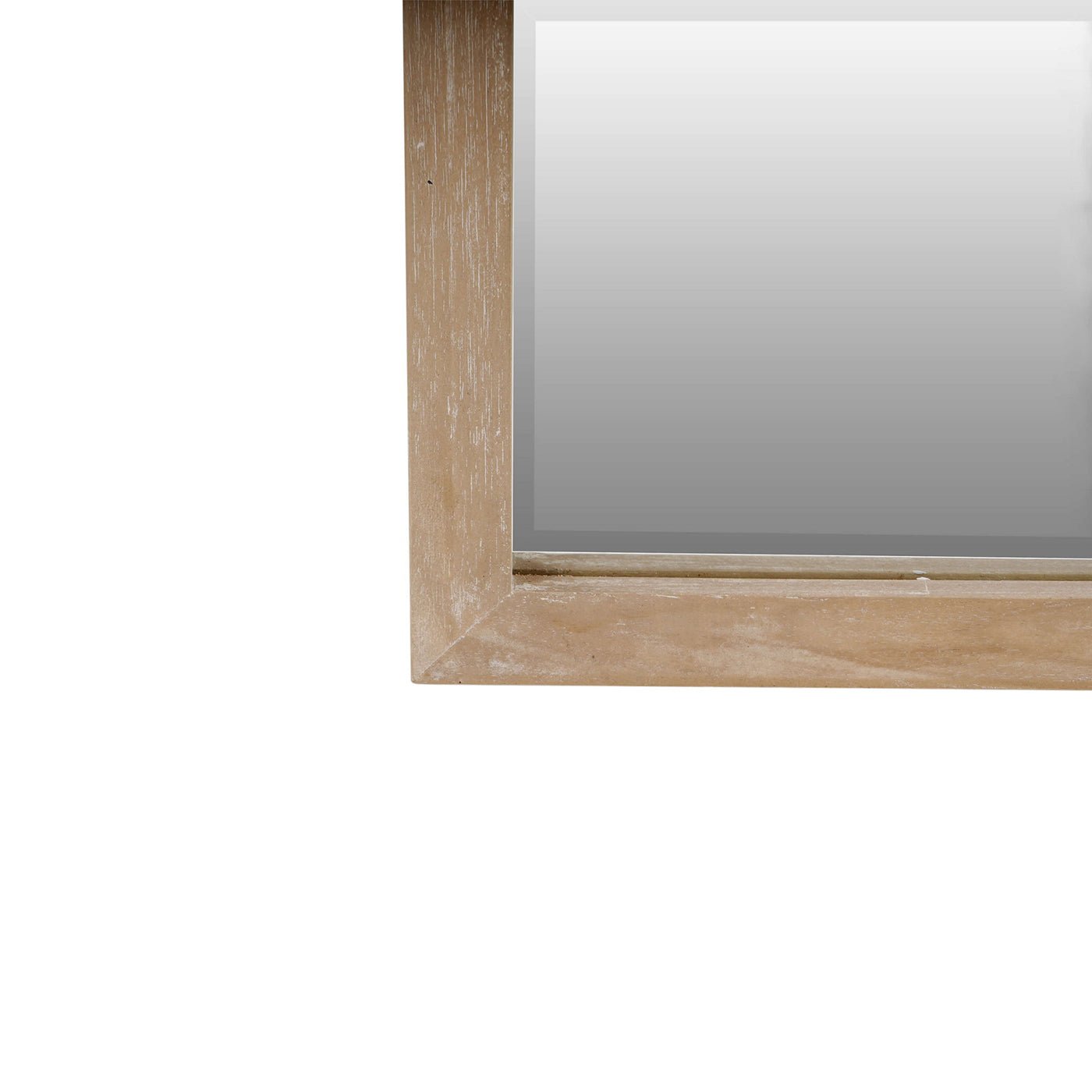 Close-up of bottom wooden frame detailing on mirror.