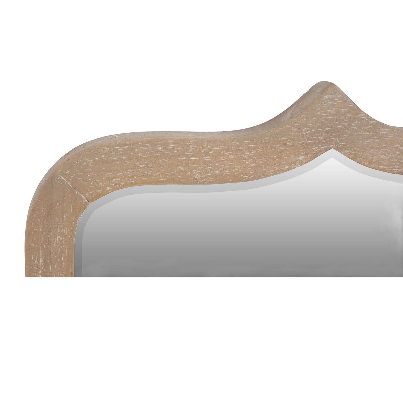 Detailed top corner view of wooden frame modern mirror.