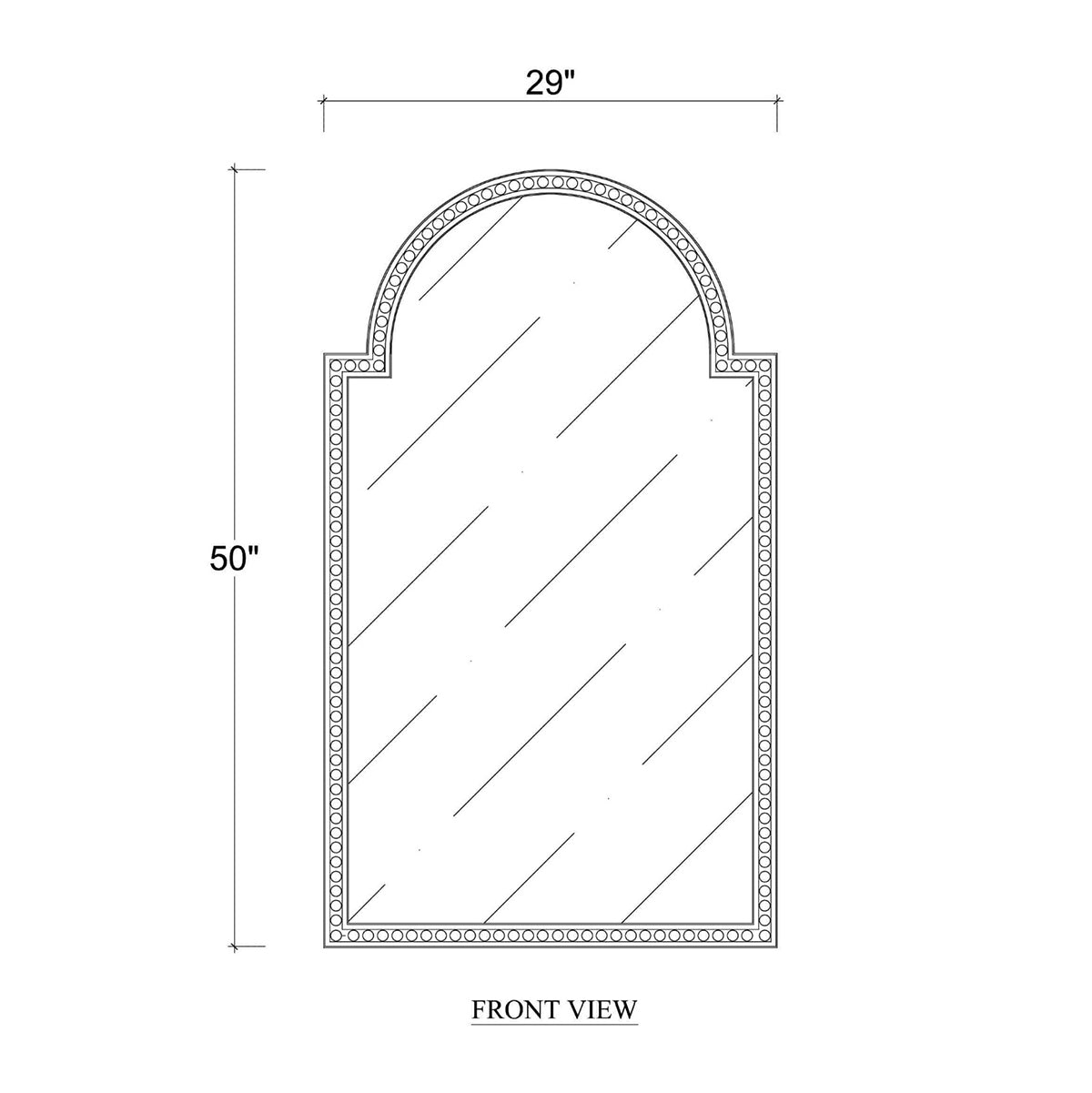 Dimensions of Queen Anne mirror, technical illustration.