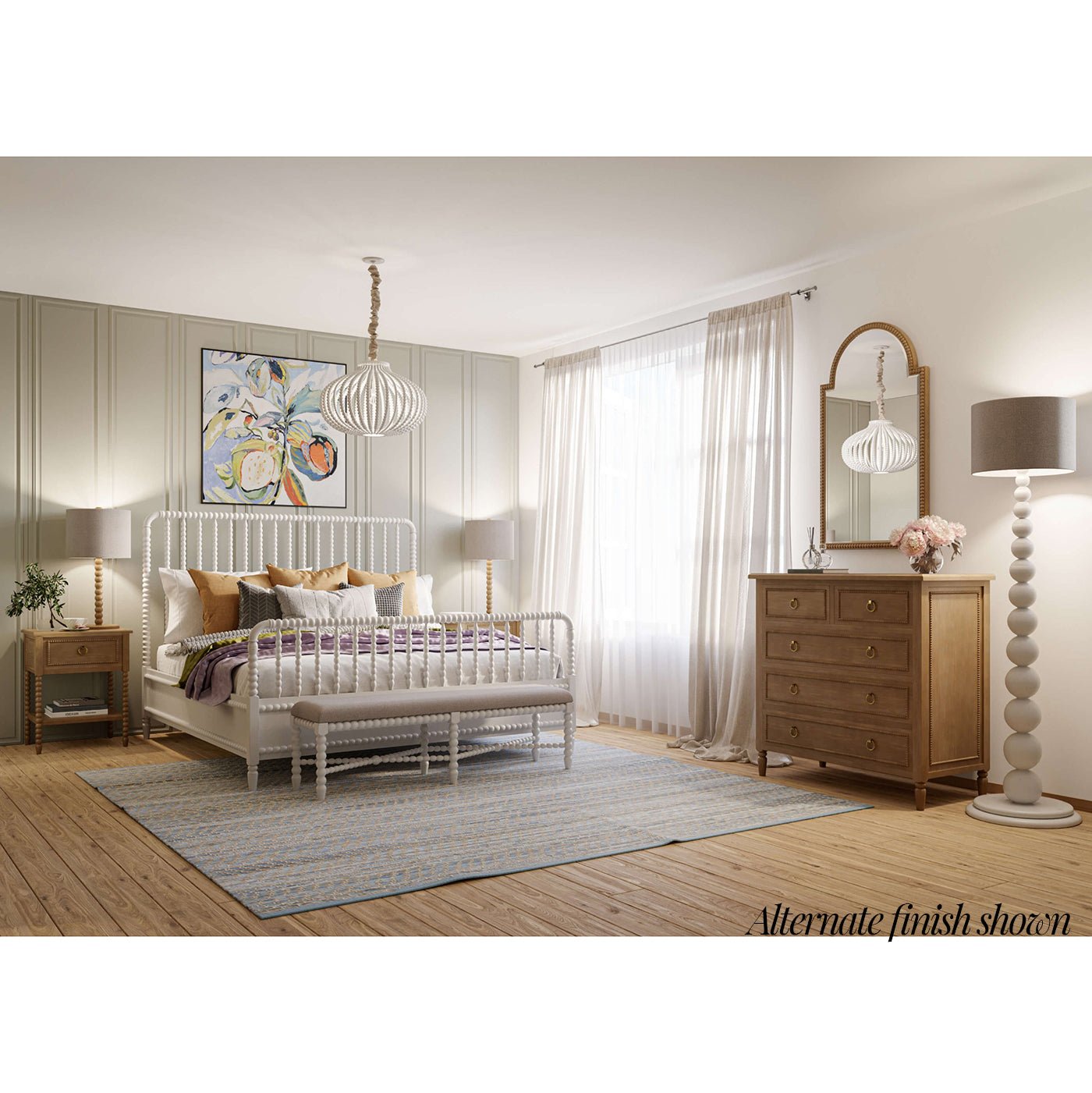 Queen Anne mirror in styled bedroom, alternate finish shown.