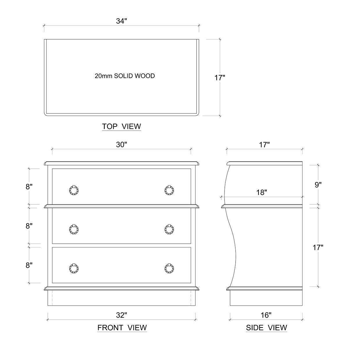 Dimensions of serpentine wooden nightstand, detailed diagram.