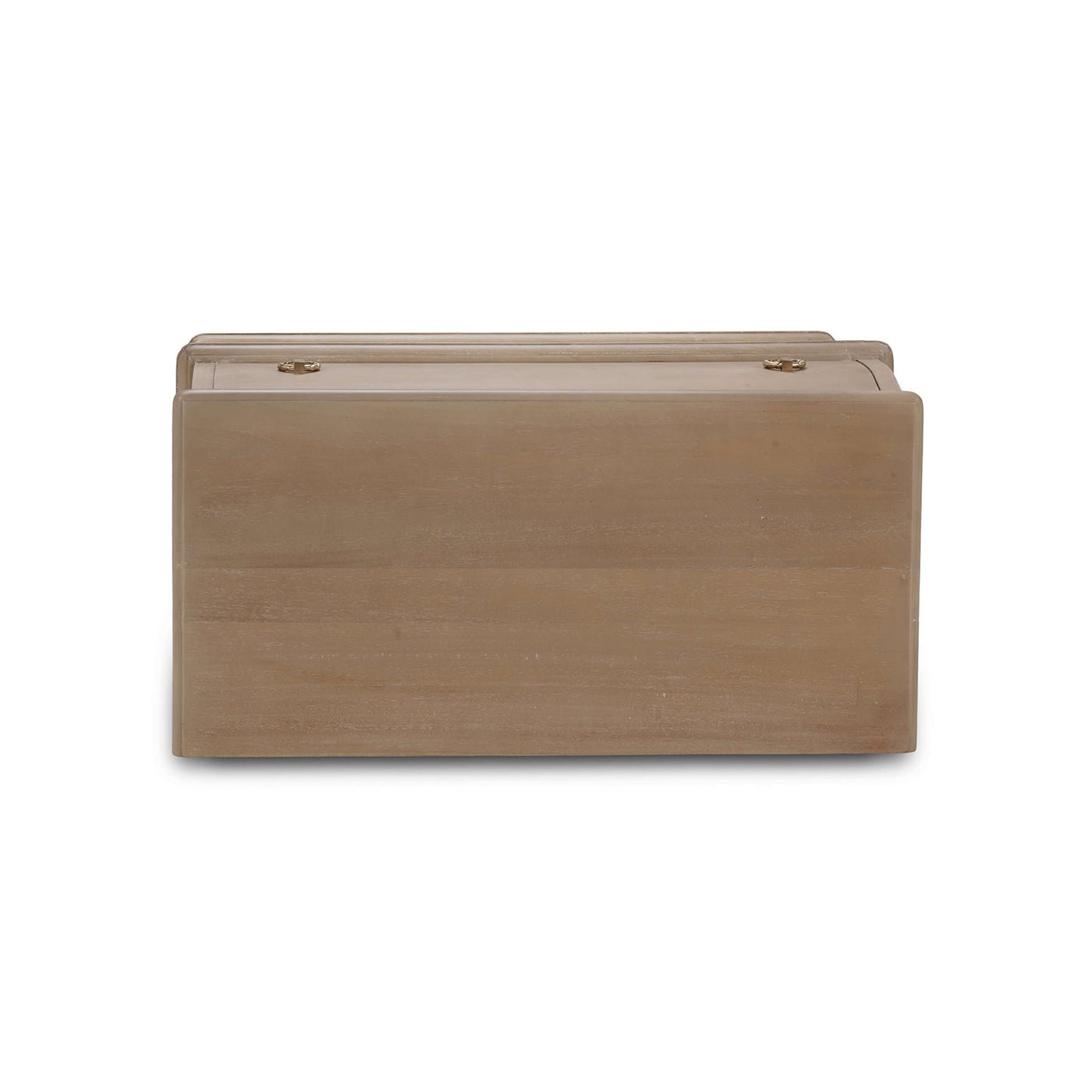 Bottom view of serpentine wooden nightstand.