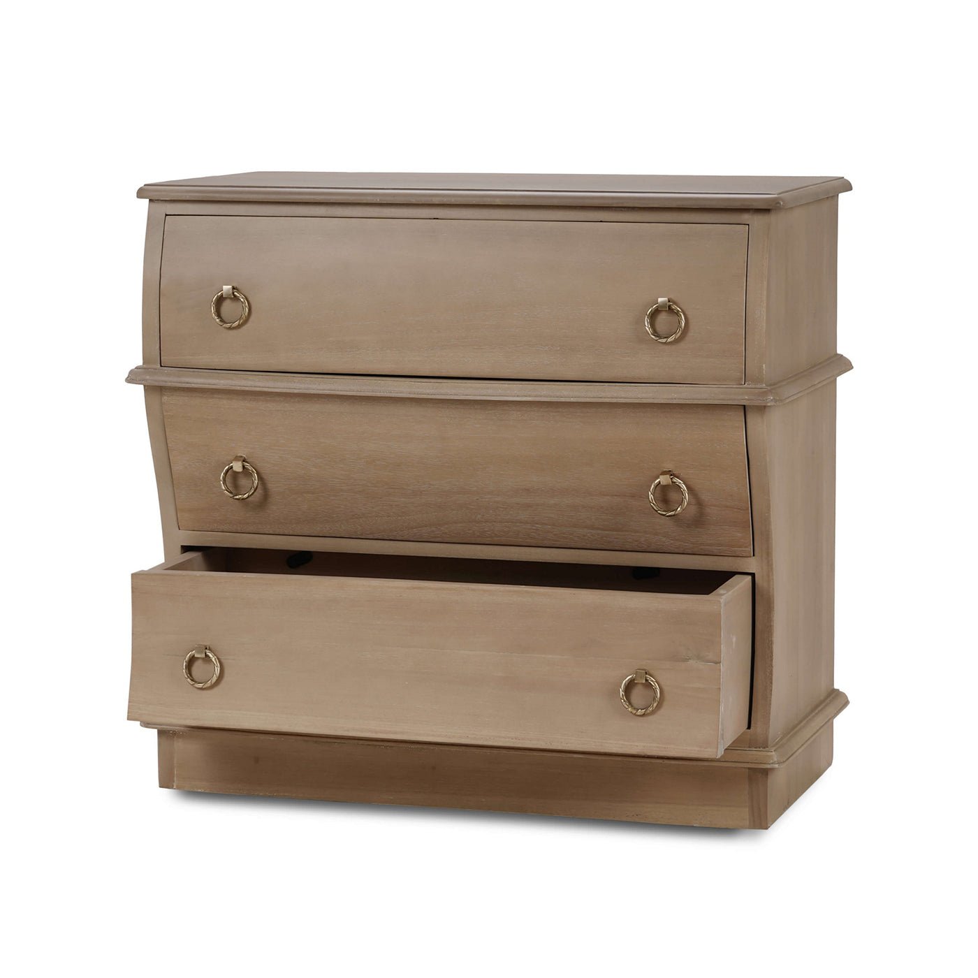 Serpentine wooden nightstand, open drawer detail.