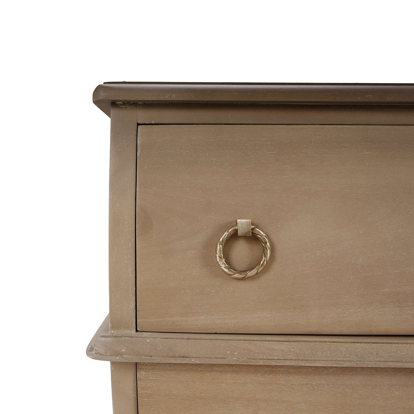 Top section of serpentine wooden nightstand.