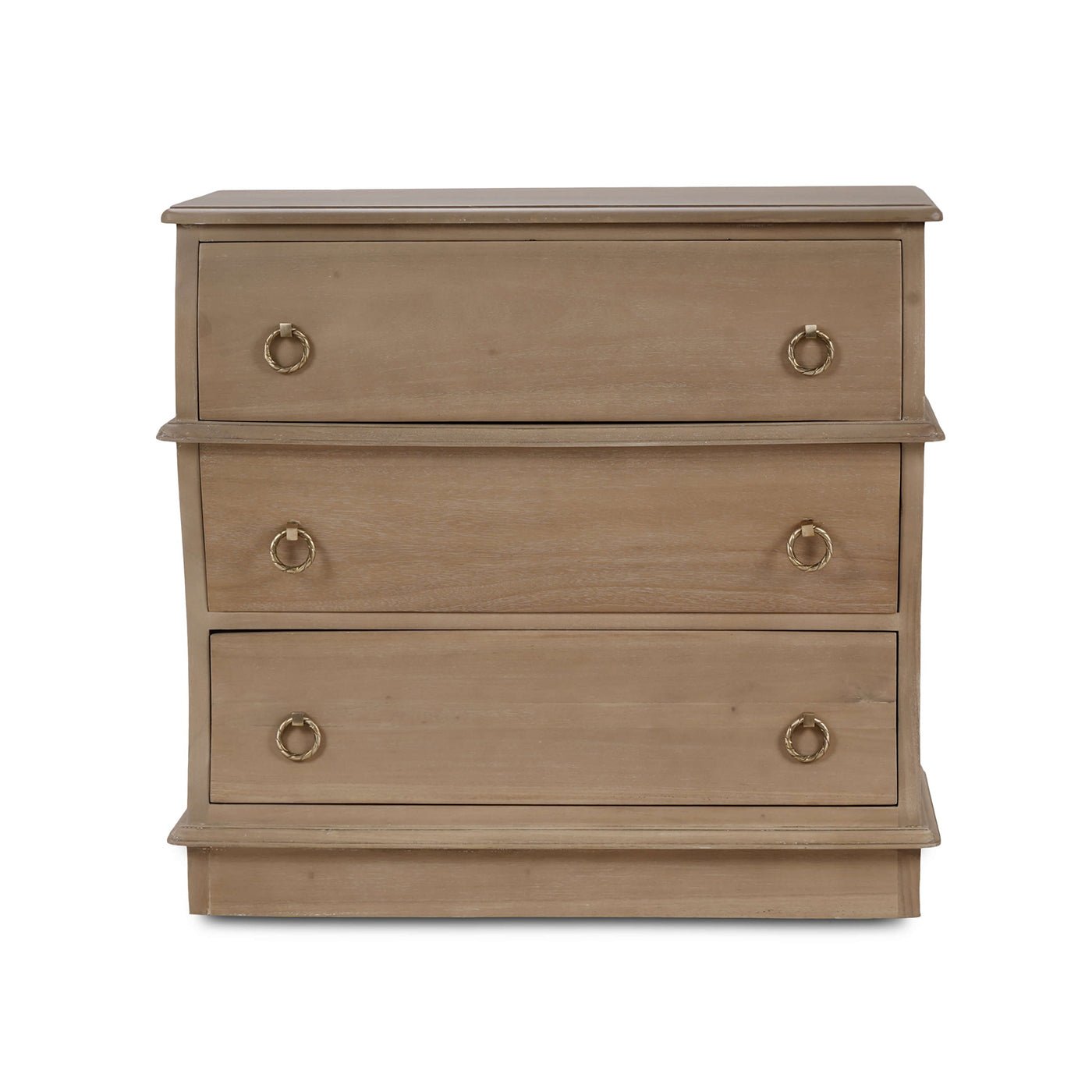 Single serpentine wooden nightstand, front perspective.