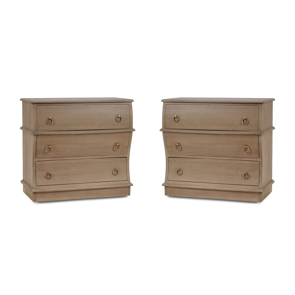 Pair of serpentine wooden nightstands, front view.
