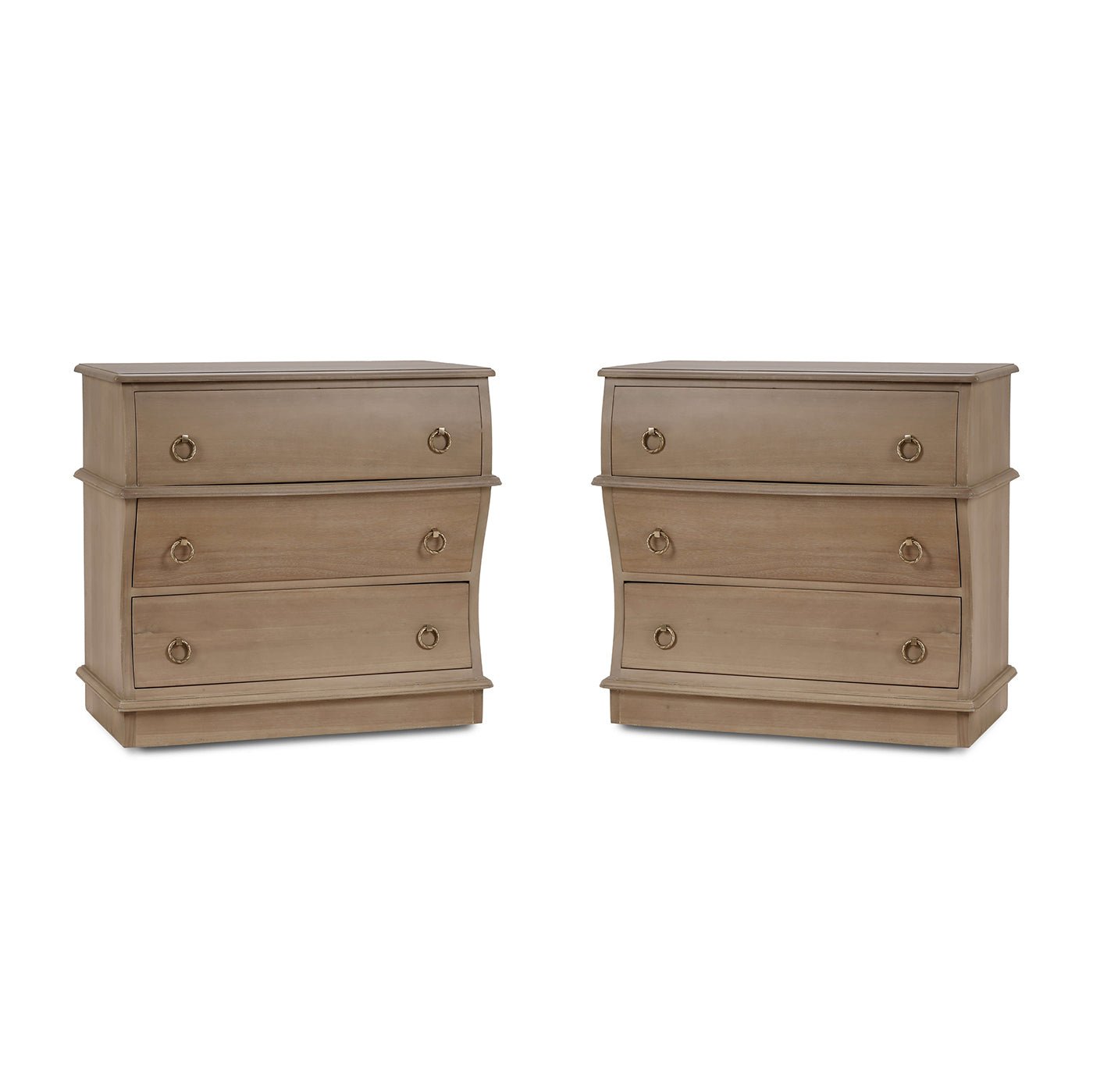 Pair of serpentine wooden nightstands, front view.