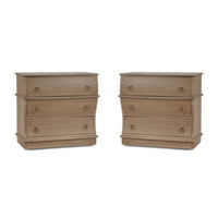 Pair of serpentine wooden nightstands, front view.
