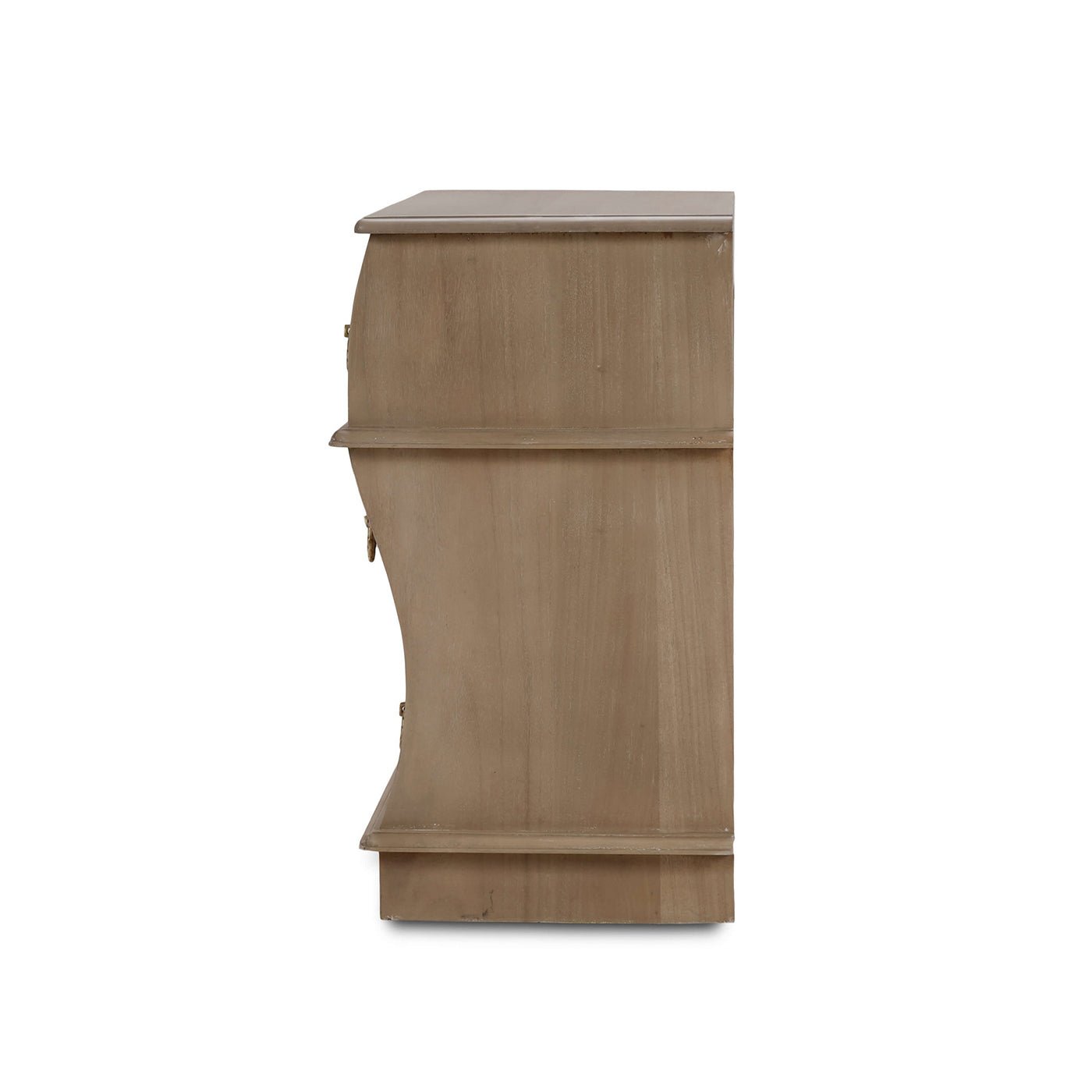 Serpentine wooden nightstand, side profile.
