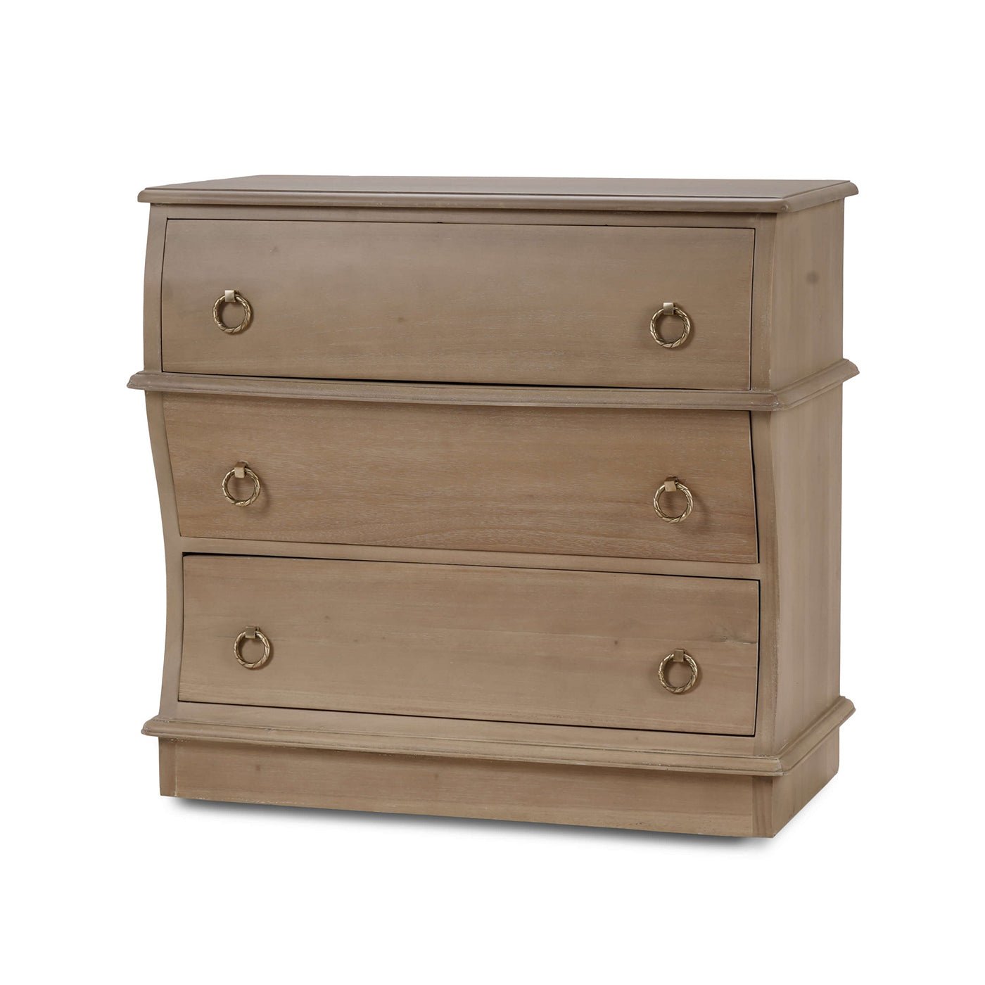 Serpentine wooden nightstand, angled front view.