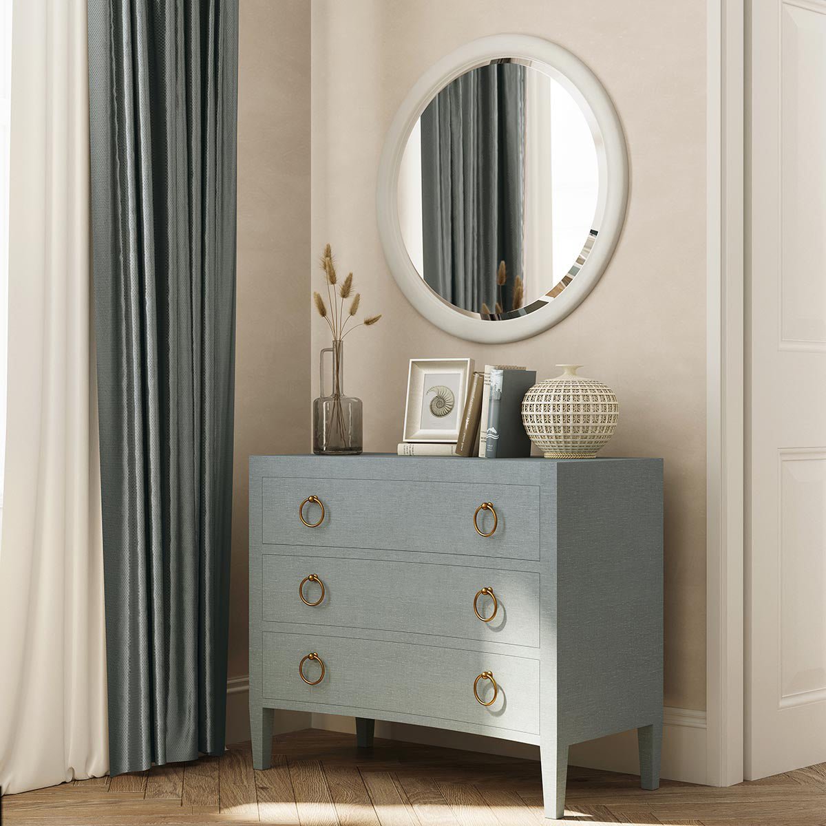 Chest of drawers in stylish bedroom setting.