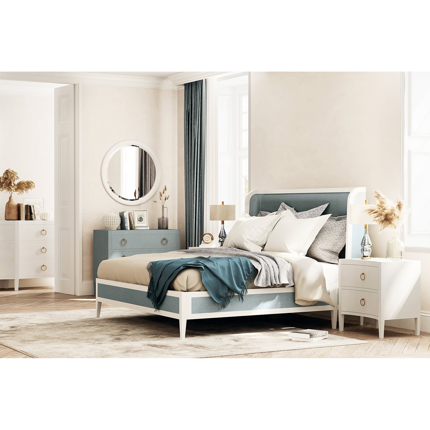 Bedroom with pale blue chest of drawers.