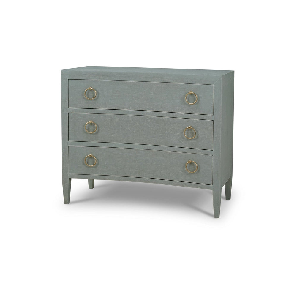 Pale blue modern chest of drawers angled view.