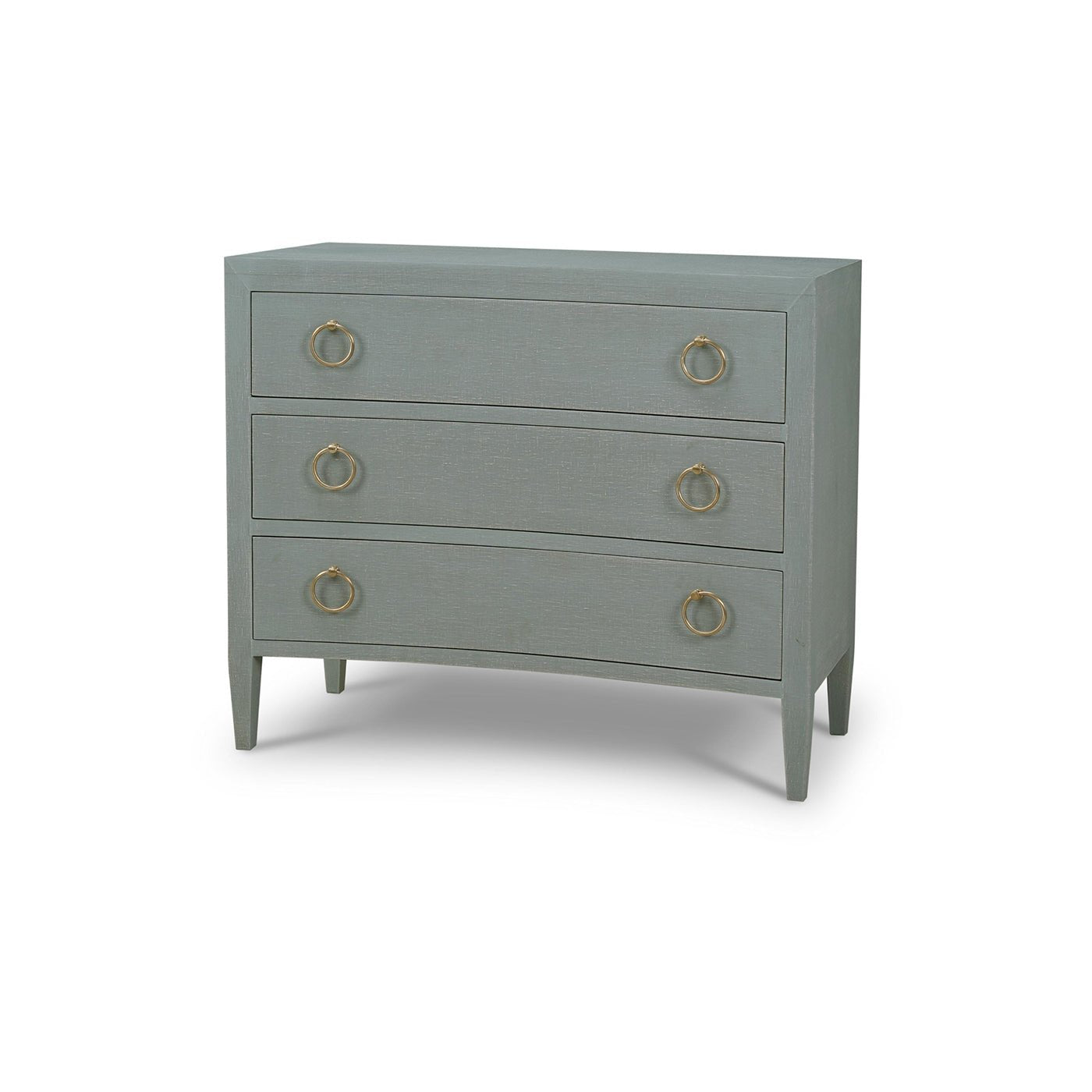 Pale blue modern chest of drawers angled view.