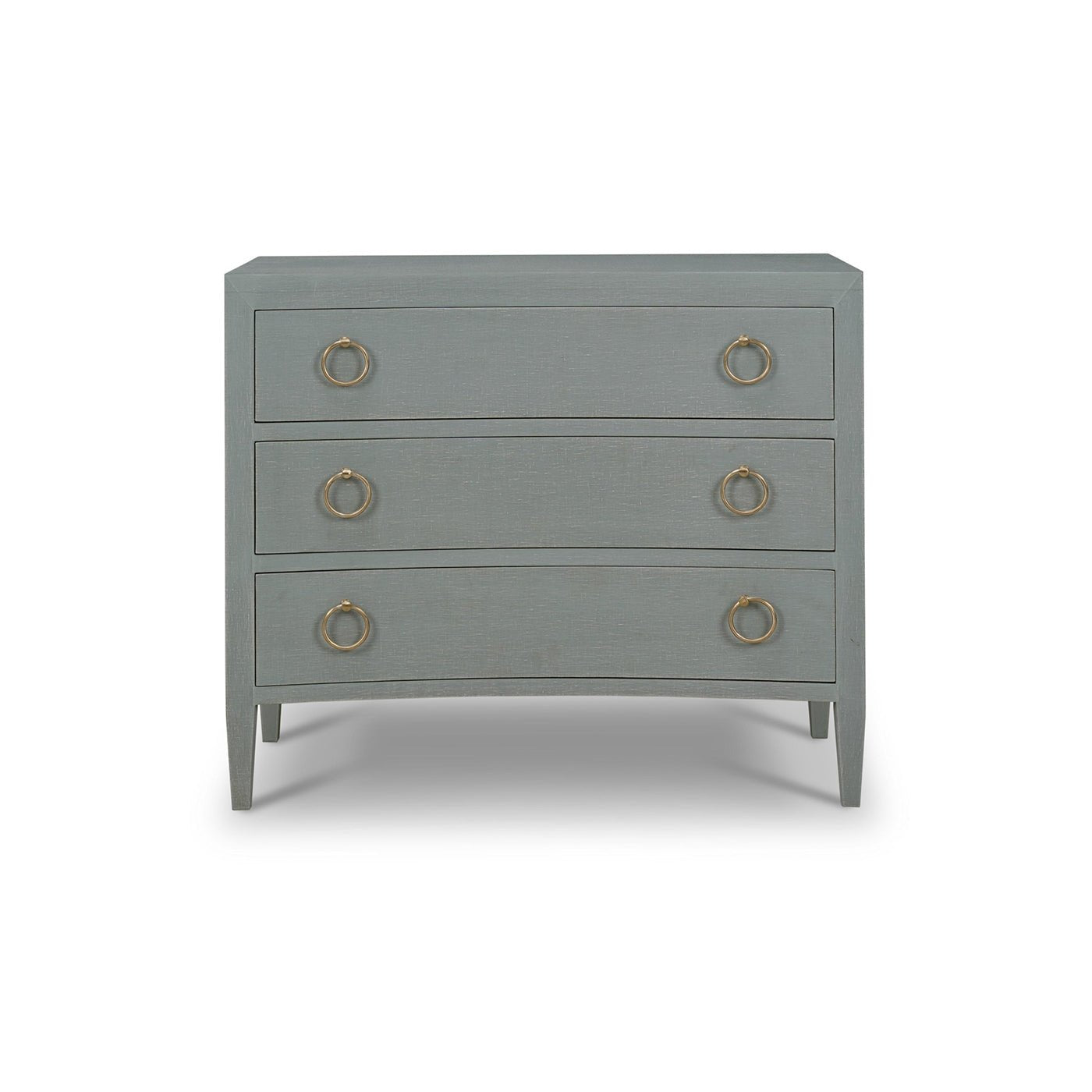 Front view of linen wrapped chest of drawers.