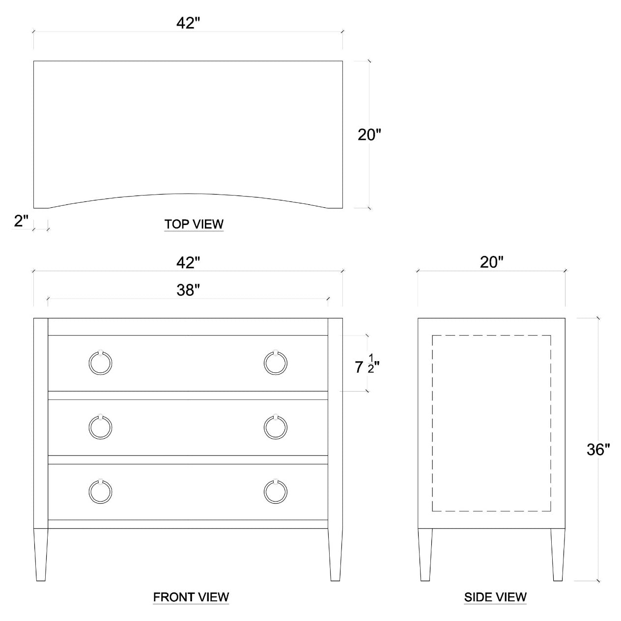 Dimensions diagram of modern chest of drawers.