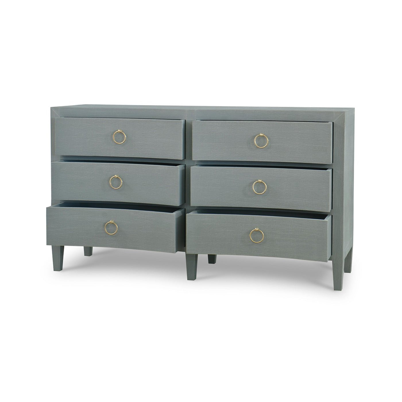 Pale blue dresser, open drawers, gold handles.