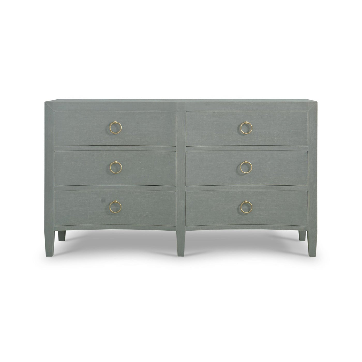 Pale blue dresser front view, gold handles, closed drawers.