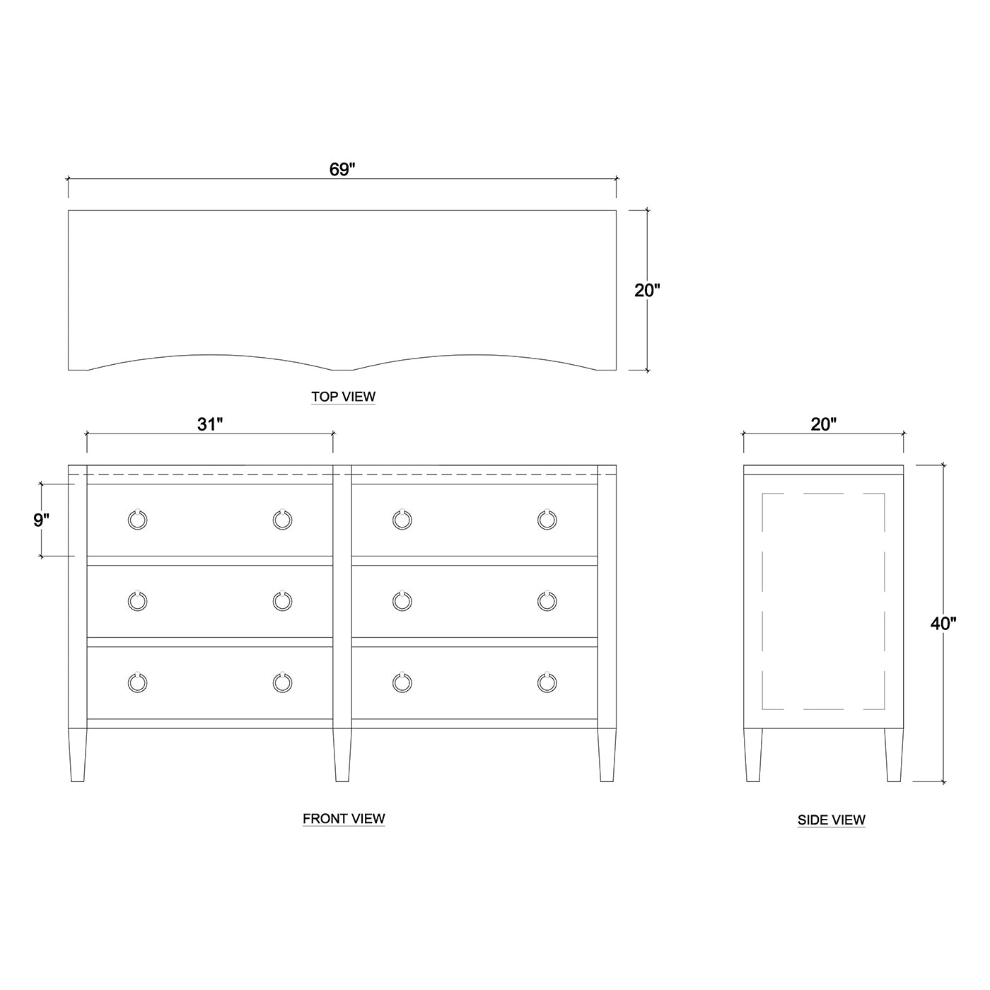Dresser dimensions diagram, top, front, side views.