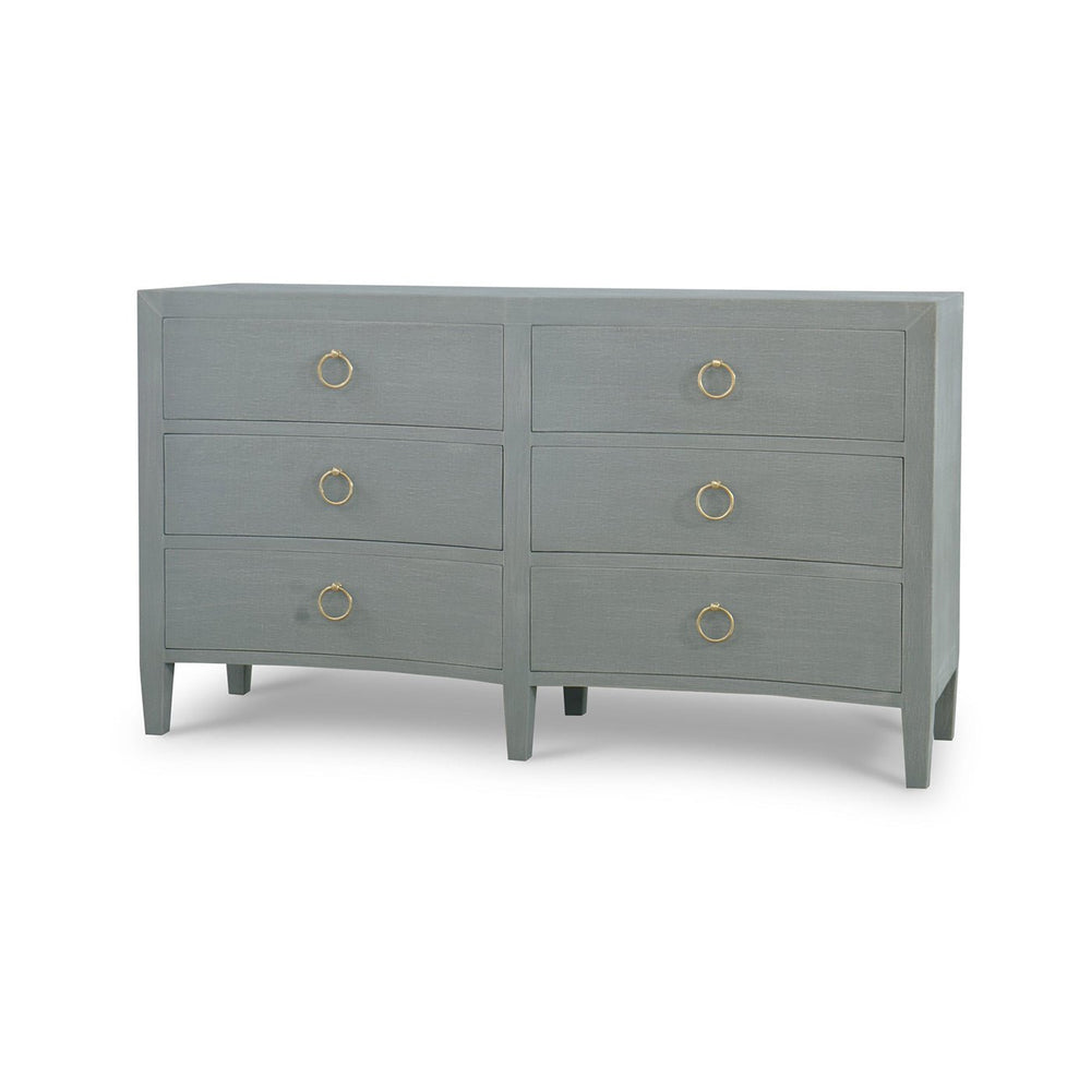 Pale blue dresser front, angled view, gold handles.