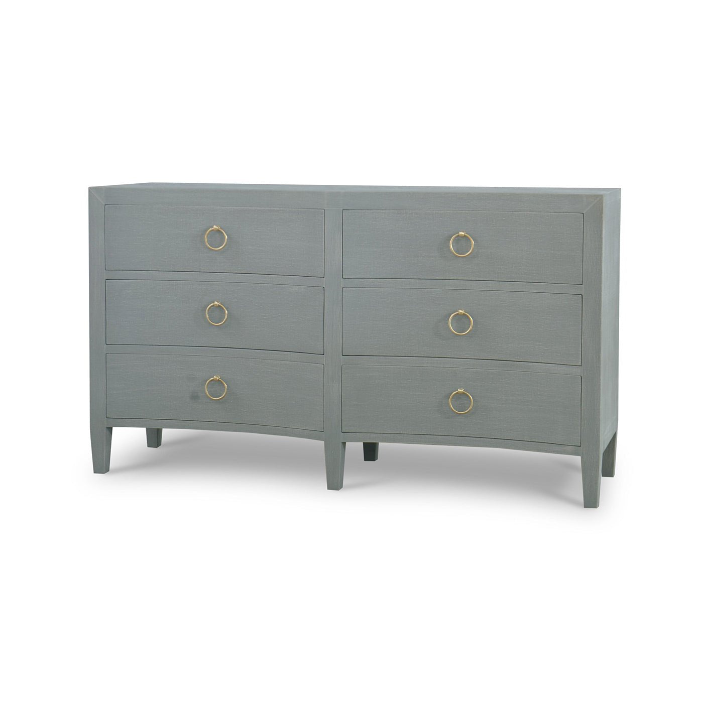 Pale blue dresser front, angled view, gold handles.