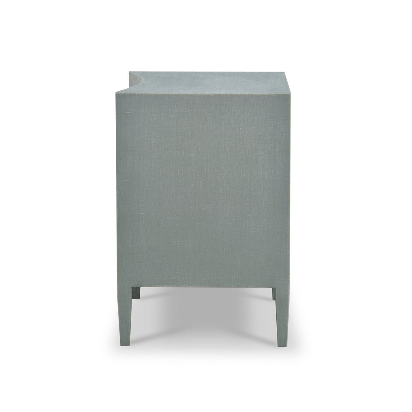 Side view of pale blue nightstand with textured finish.