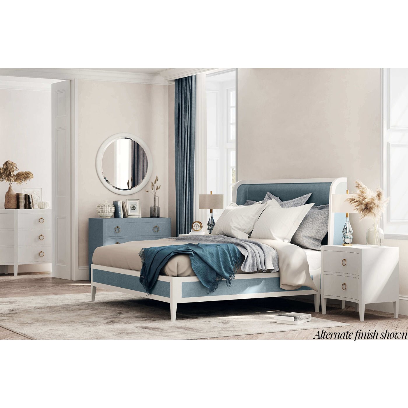 Bedroom scene with pale blue nightstand and bed.